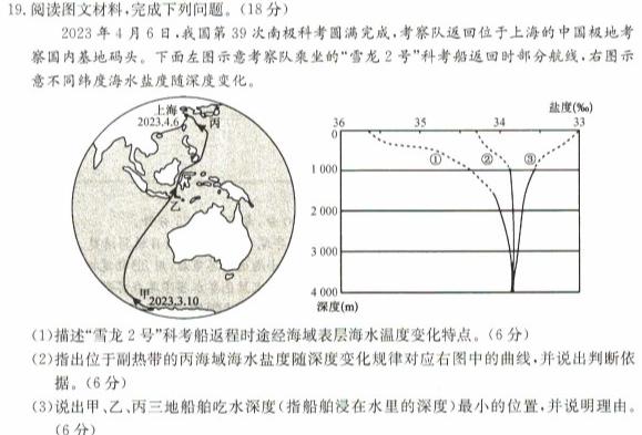 2023~2024学年安徽省县中联盟高三5月联考最后一卷(4419C)地理试卷答案。