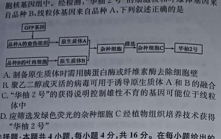 山西省2024年中考模拟示范卷（四）生物学部分