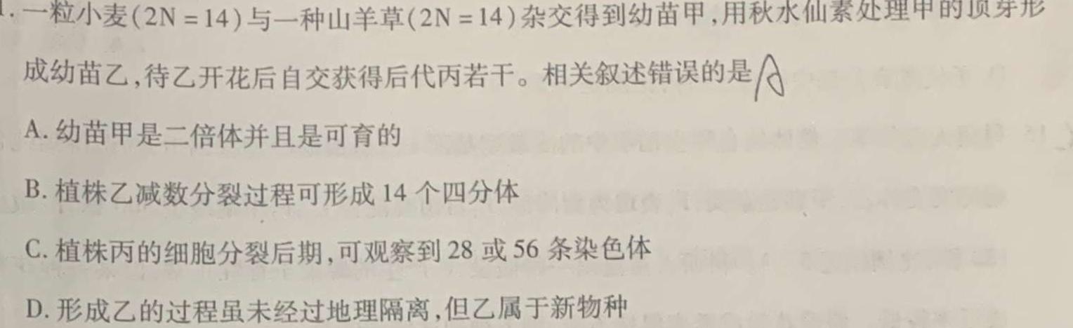 2024年普通高等学校招生全国统一考试标准样卷(一)生物学部分