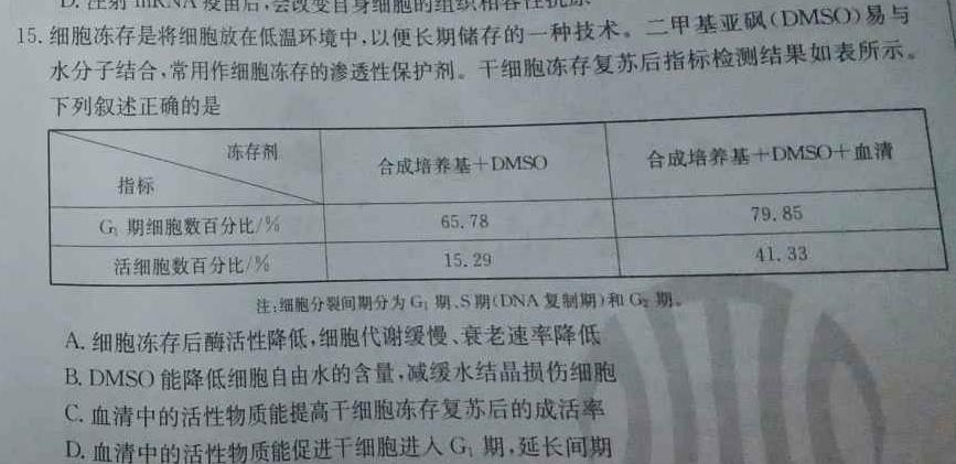 辽宁省2023~2024学年度下学期期中考试高二试题生物学部分