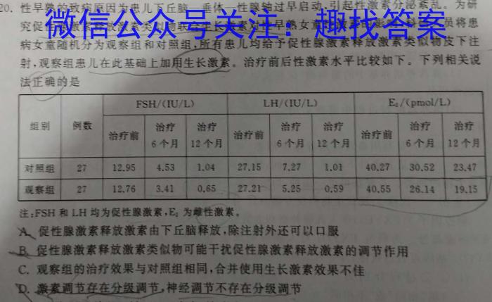 河北省2023-2024学年度七年级第二学期第二次学情评估生物学试题答案