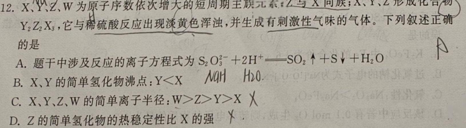 1河北省卓越联盟2023-2024学年第一学期高三月考试卷(24-288C)化学试卷答案