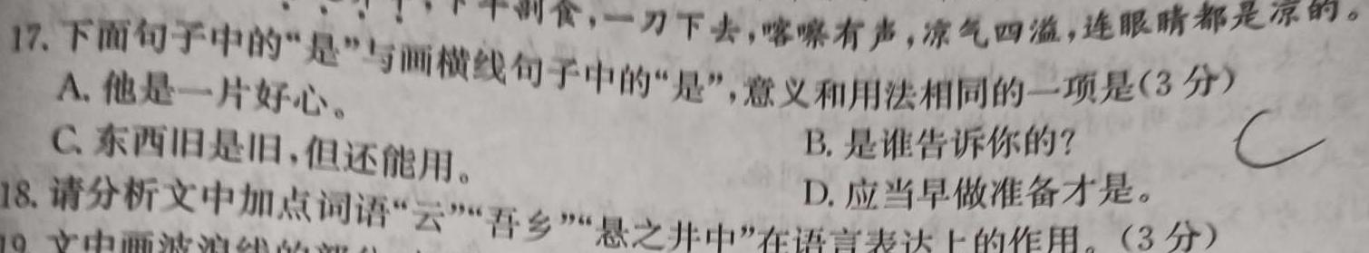 [今日更新]百师联盟2025届高三开学摸底联考（8月）语文试卷答案