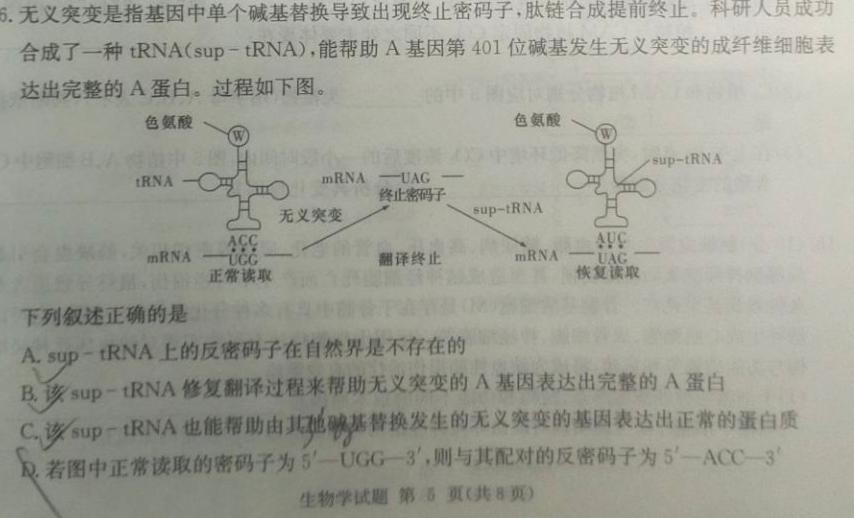 安徽省滁州市全椒县2023-2024学年度第二学期八年级期中教学质量监测试题卷生物学部分