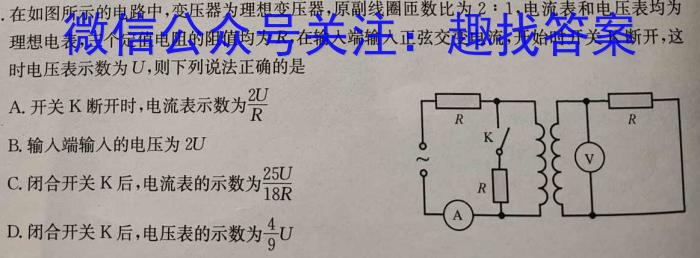 2023-2024学年安徽省九年级下学期开学摸底调研物理试卷答案