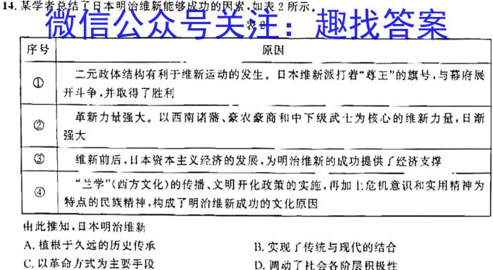 山西省太原37中2023-2024学年九年级阶段练习（二）历史试卷答案