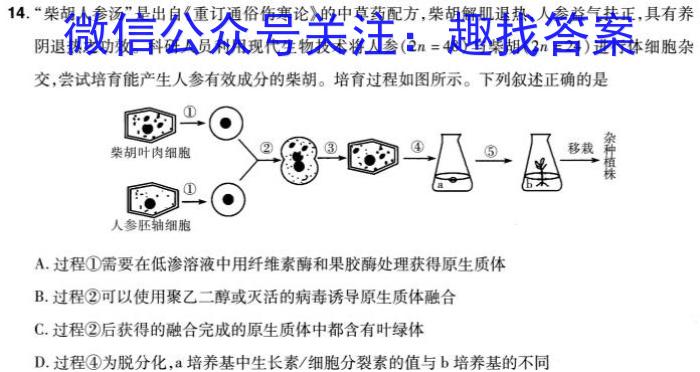 2024年河北省初中学业水平考试 坤卷生物学试题答案