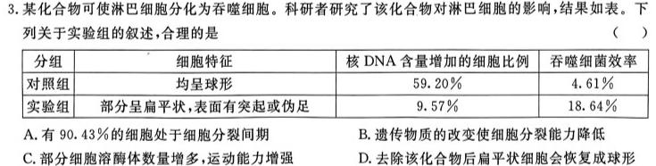 甘肃省2024~2025学年度第一学期第一次月考试卷（高三）生物学部分