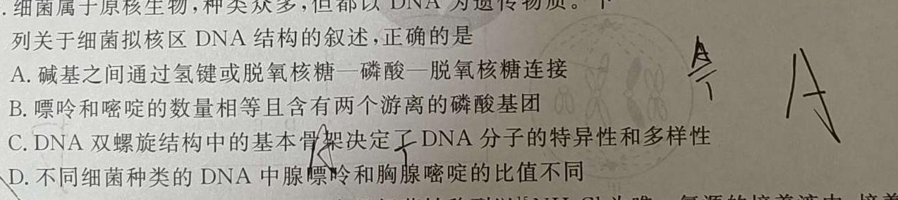 炎德英才大联考 2024年长郡中学高一选科适应性调查限时训练生物学试题答案