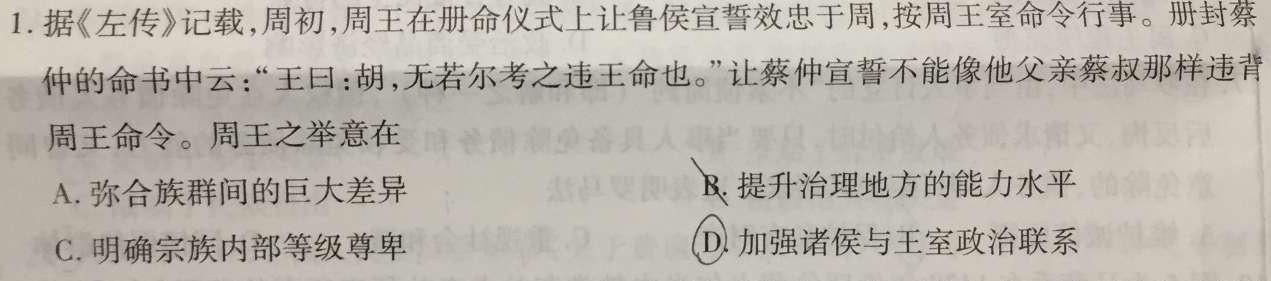 安徽师范大学附属中学2023-2024学年高二下学期第一次学情检测历史