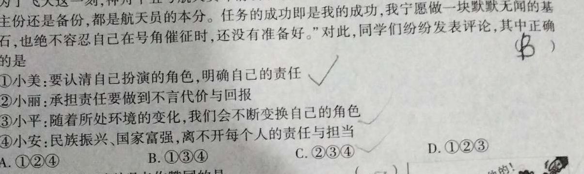 安徽省高二毛坦厂中学2023~2024学年度下学期期末考试(242945D)思想政治部分