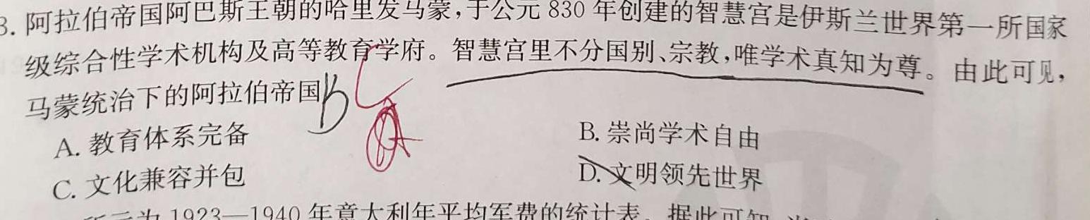 [今日更新][怀化二模]怀化市2024届高三适应性模拟考试(4月)历史试卷答案