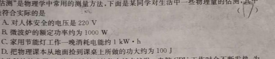 广东省2024-2025学年七年级开学测试(物理)试卷答案