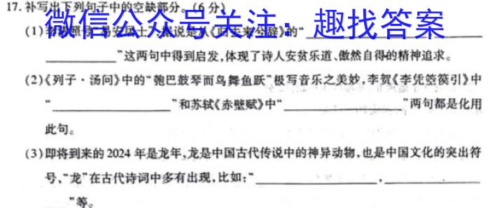 安徽省2023-2024学年度第一学期九年级期末质量检测试卷(TH)语文