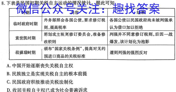 百师联盟 2024届高三冲刺卷(一)1(全国卷)历史试卷答案