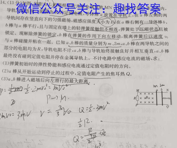 湖南省2024届高三3月联考物理试卷答案