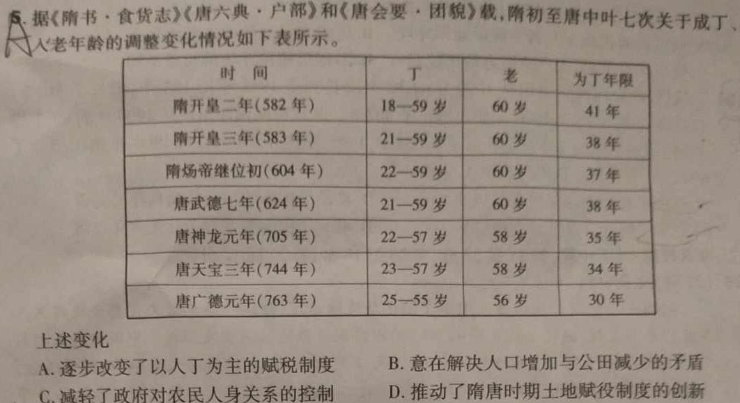 贵州省2023-2024学年度第二学期八年级阶段性练习题（一）历史