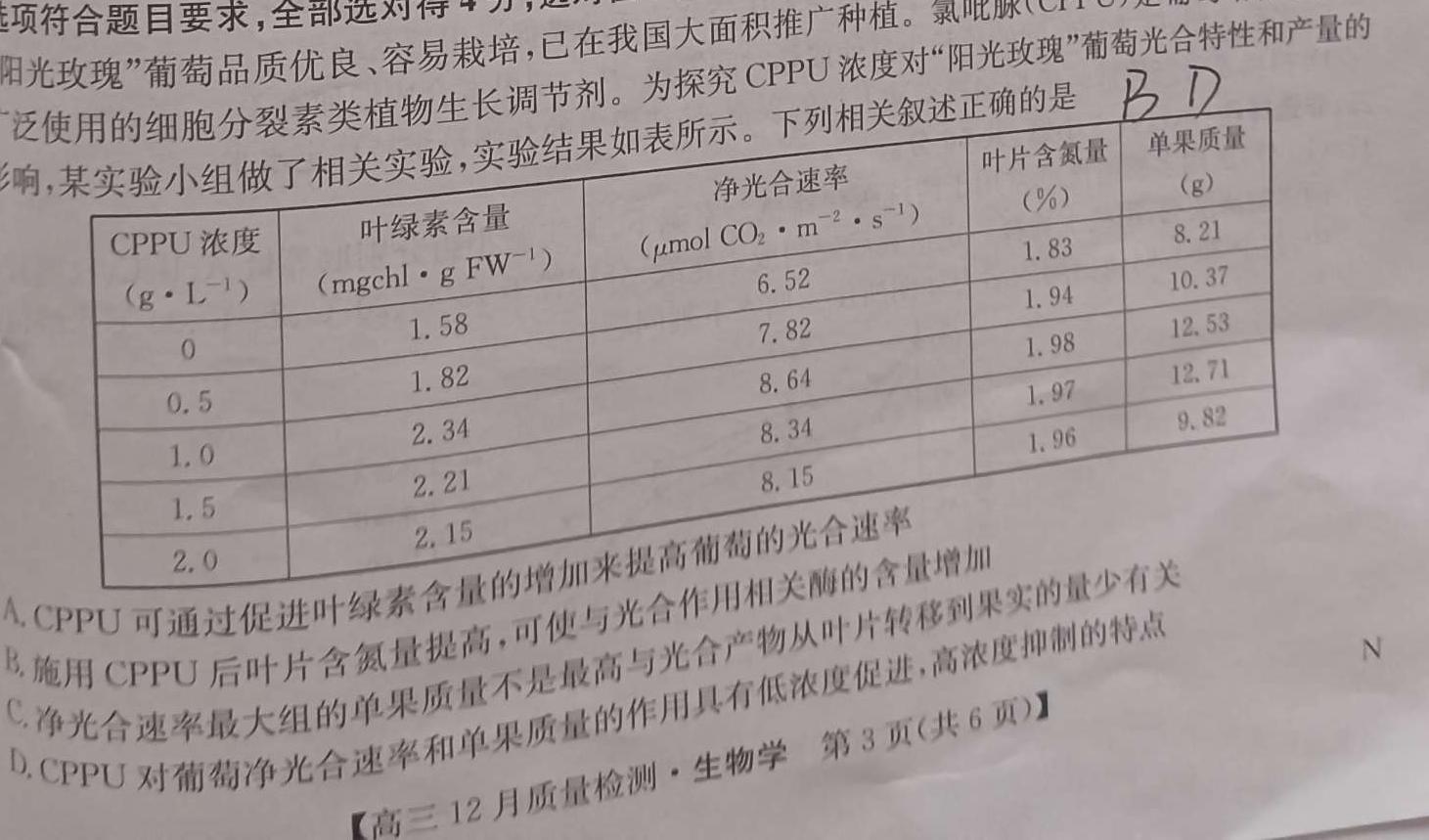 百师联盟 2024届高三冲刺卷(三)3 山东卷生物