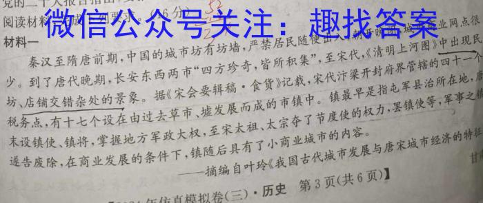 学林教育 2024年陕西省初中学业水平考试·全真模拟卷(三)3历史试卷答案