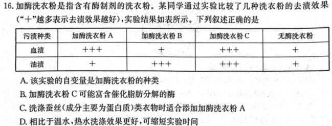 甘肃省2024-2025学年度第一学期高三开学质量检测卷生物学部分