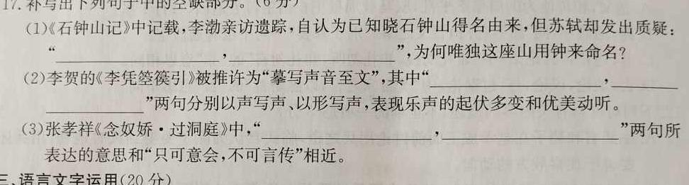 [今日更新]河北省2023-2024学年度第一学期九年级完美测评④语文试卷答案