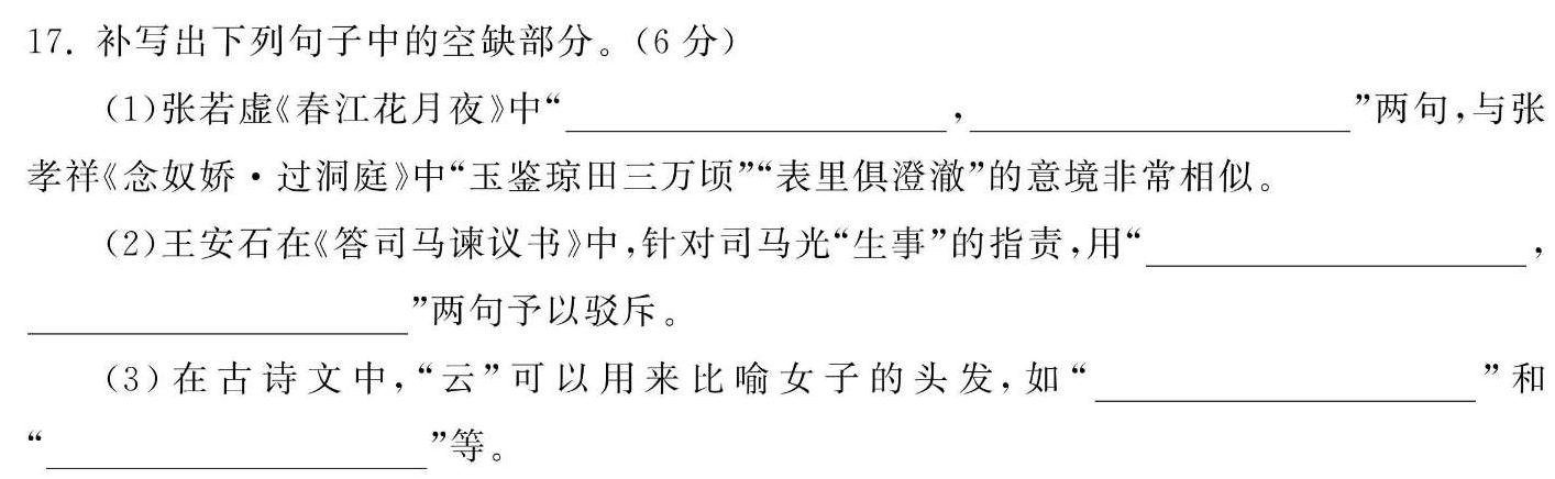 [今日更新]安徽省涡阳县2023-2024学年度九年级第二次质量监测语文