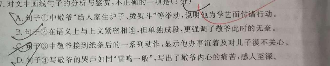 [今日更新]2024年云南省初中学业水平考试联考密卷（一）语文试卷答案