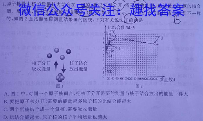 百师联盟 2024届高三冲刺卷(一)1 福建卷物理试卷答案