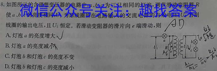 安徽省2024年初中学业水平考试冲刺(一)1物理试卷答案