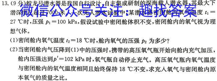 [绥化三模]黑龙江绥化市2024届高三5月联考模拟检测卷物理试卷答案