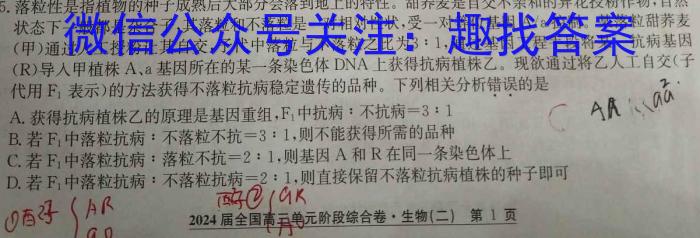 创优文化 2024年陕西省普通高中学业水平合格性考试模拟卷(七)7生物学试题答案