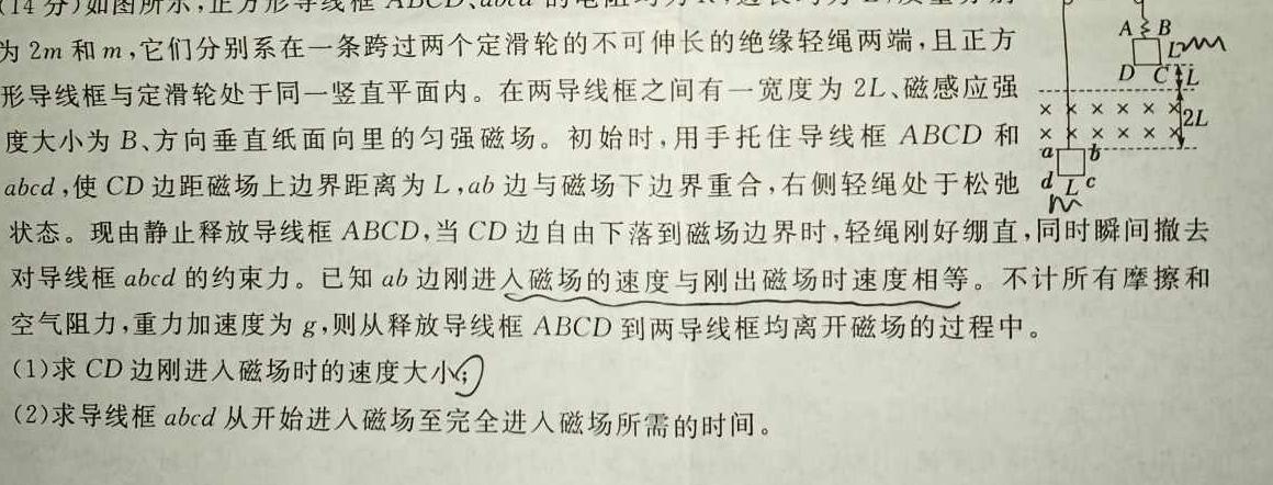 [今日更新][绥化三模]黑龙江绥化市2024届高三5月联考模拟检测卷.物理试卷答案