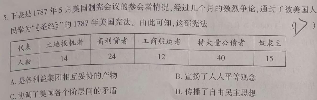 九师联盟 陕西省2025届高三摸底考试(25-T-001C)思想政治部分