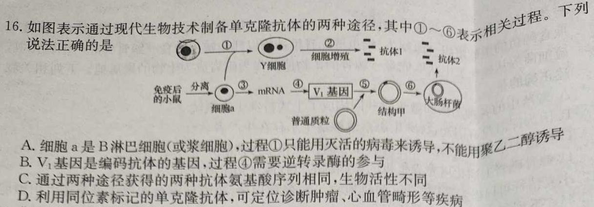 2024届江西省高三4月联考(24-450C)生物学部分