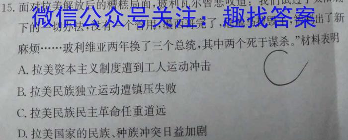 安徽省2023-2024学年度第二学期九年级阶段教学测试2024.3历史试卷答案