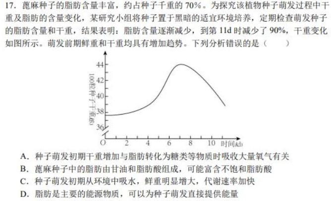 河北省2025届高三学生全过程纵向评价专题一生物学部分